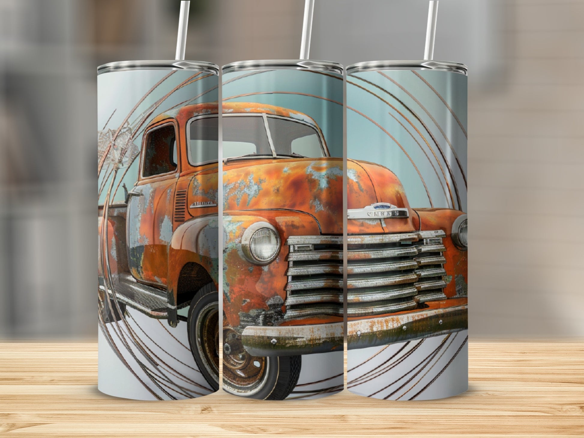 Rusting vintage Chevrolet pickup truck with swirling wire design.