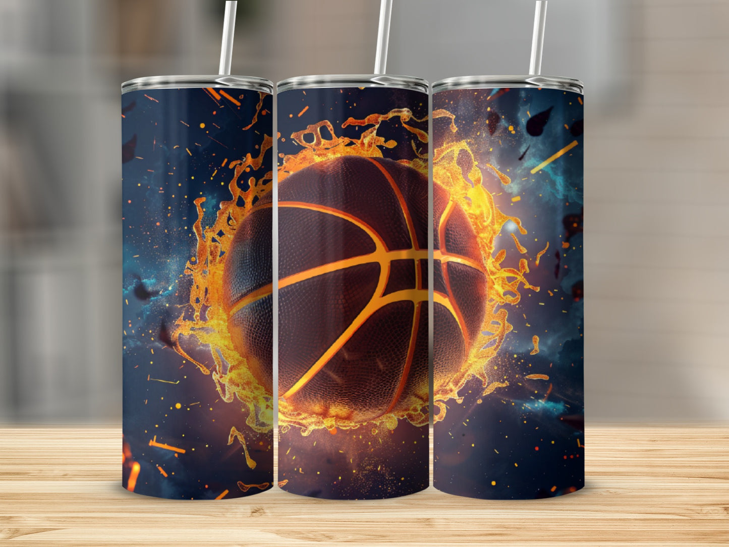 Three tumblers featuring a basketball engulfed in flames.