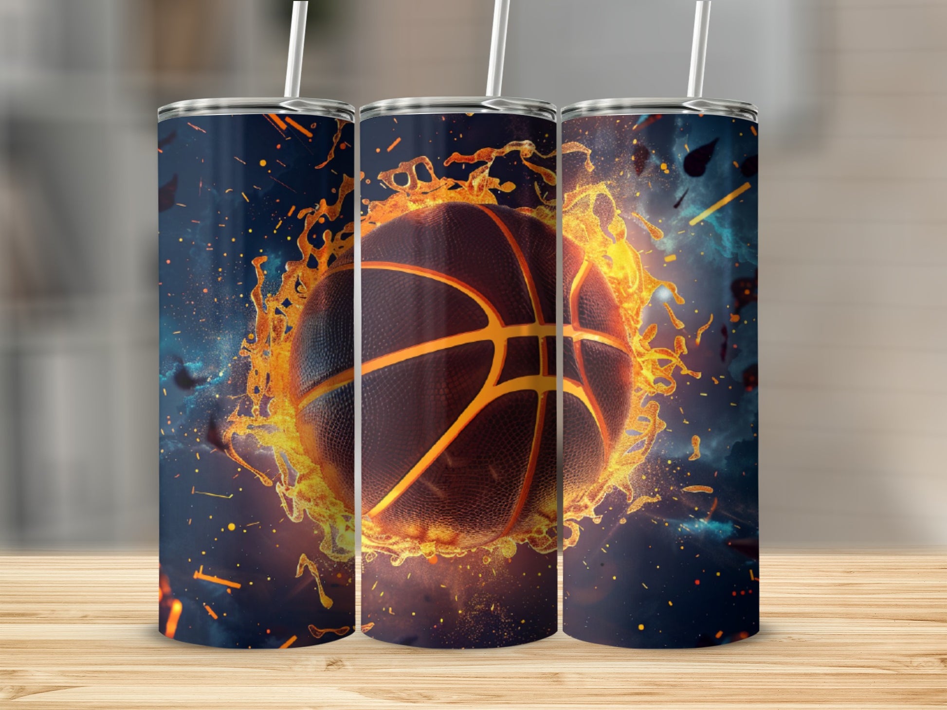 Three tumblers featuring a basketball engulfed in flames.