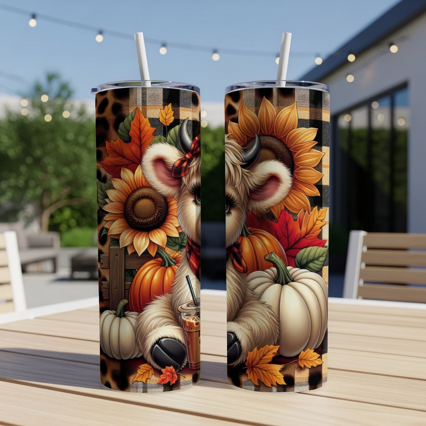 Two tumblers with a fall-themed cow, pumpkins, and sunflowers.