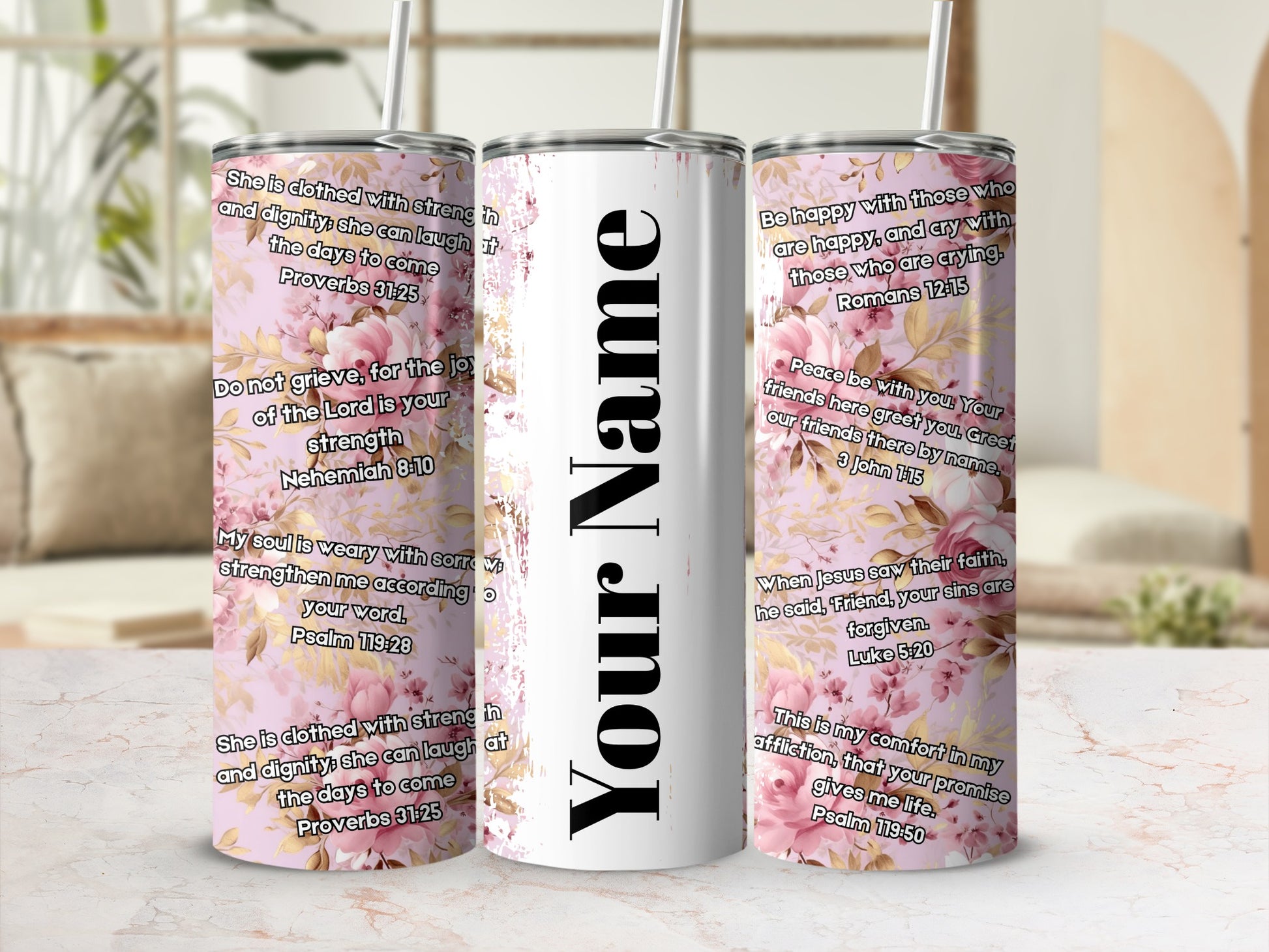 Floral Bible Verses Personalized Tumbler with Straw