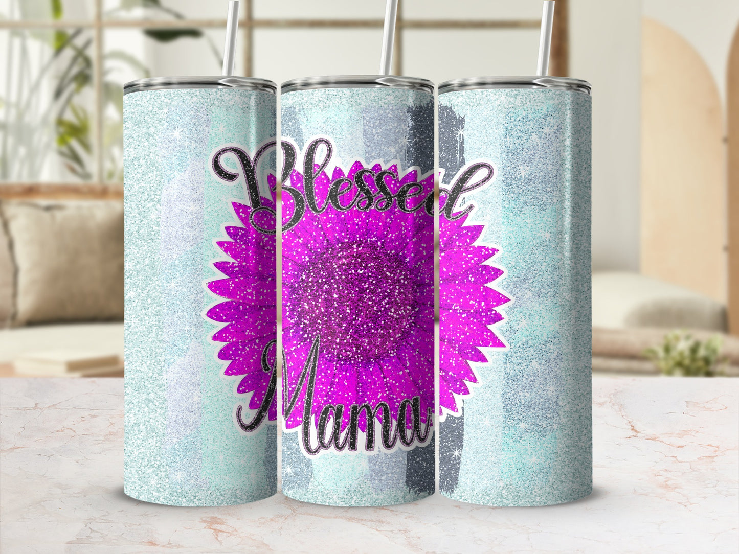 Blessed Mama Glitter Tumbler with Pink Flower Design