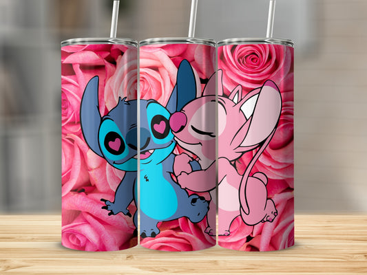 Cute Characters with Pink Roses Stainless Steel Tumbler