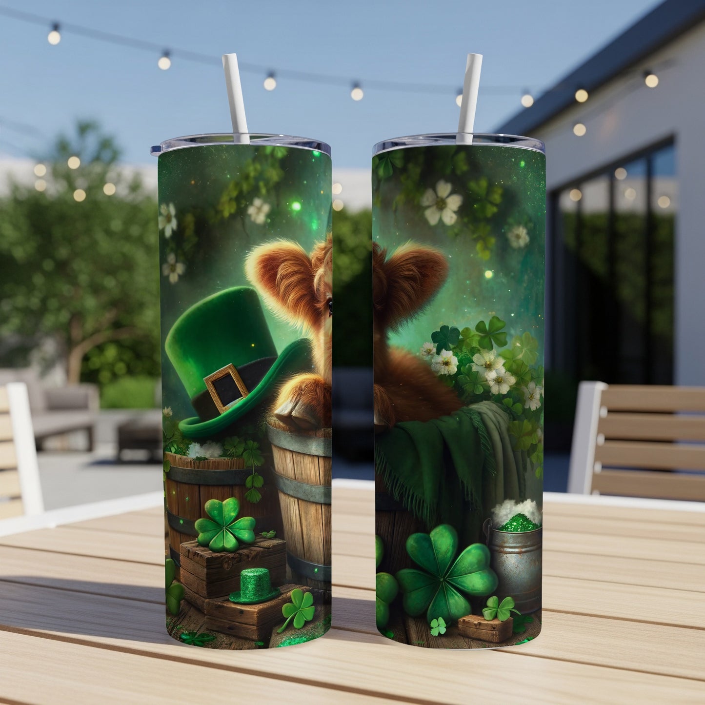 Cow in a hat with clover and shamrocks on a St. Patrick's Day tumbler.