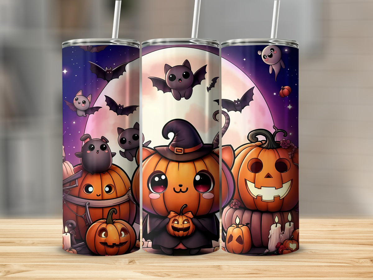 Halloween tumblers with cute pumpkins, ghosts, bats, and a full moon.