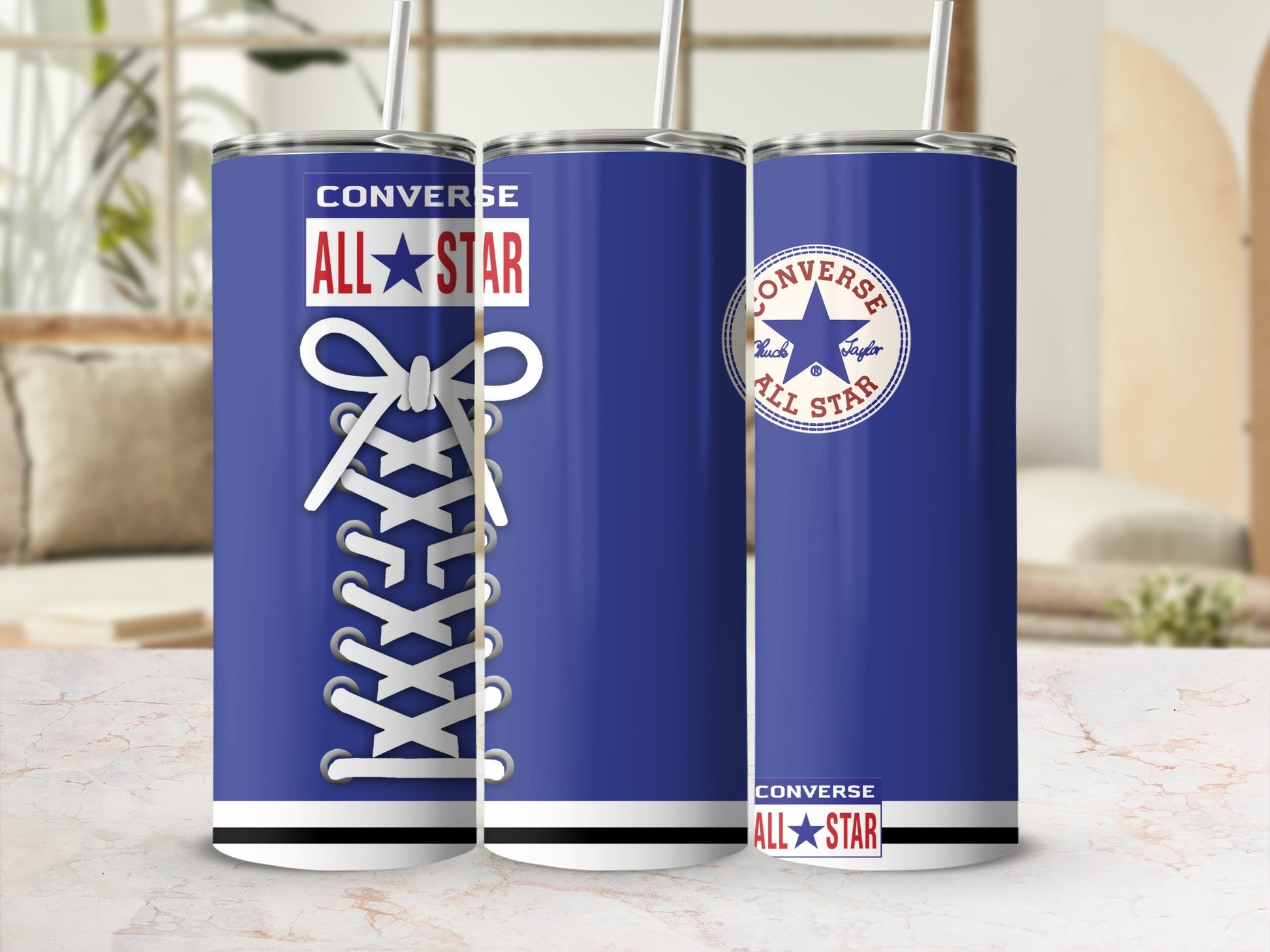 Blue Converse All-Star tumbler with white laces and logo.