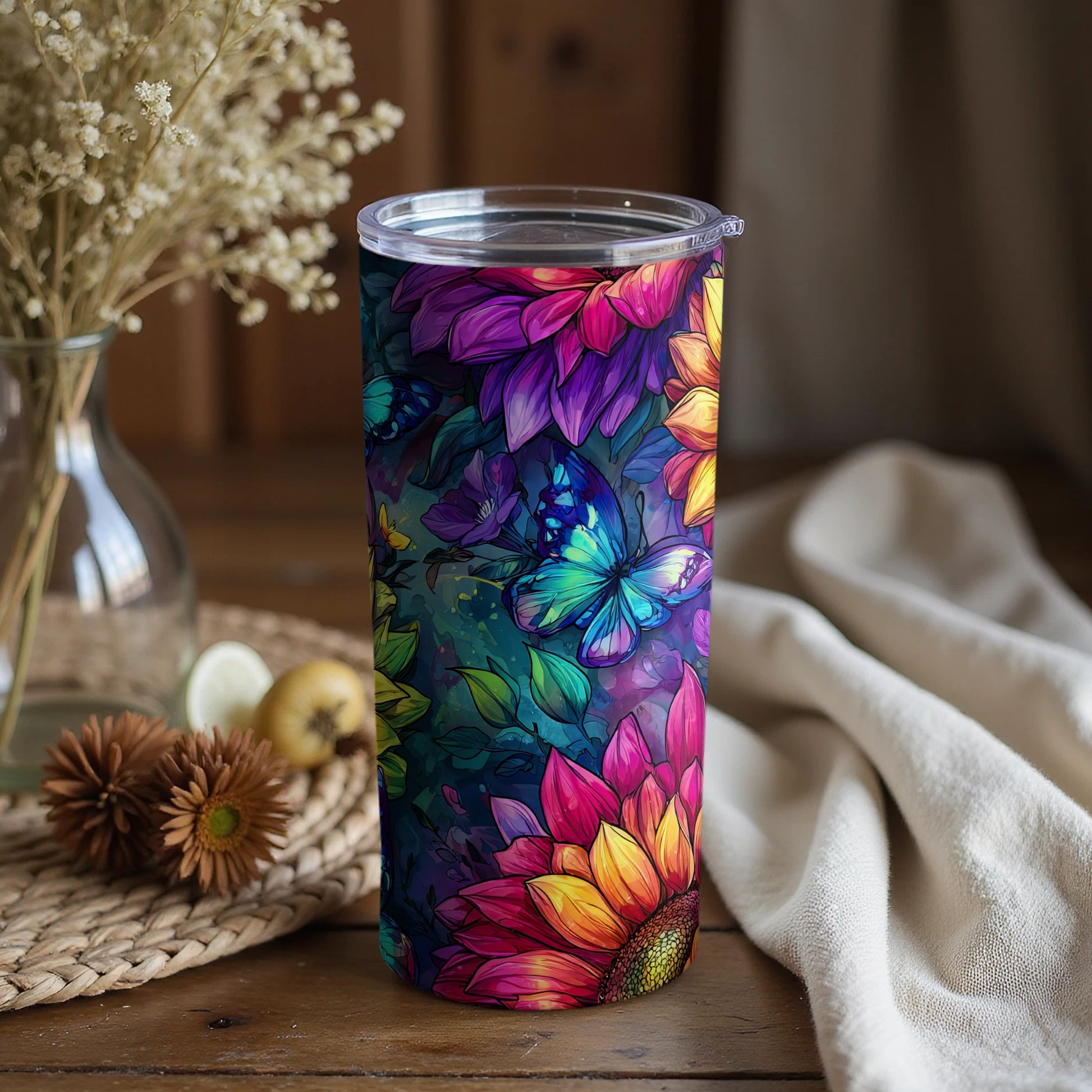 Vivid Colorful Butterfly and Floral Design Tumbler