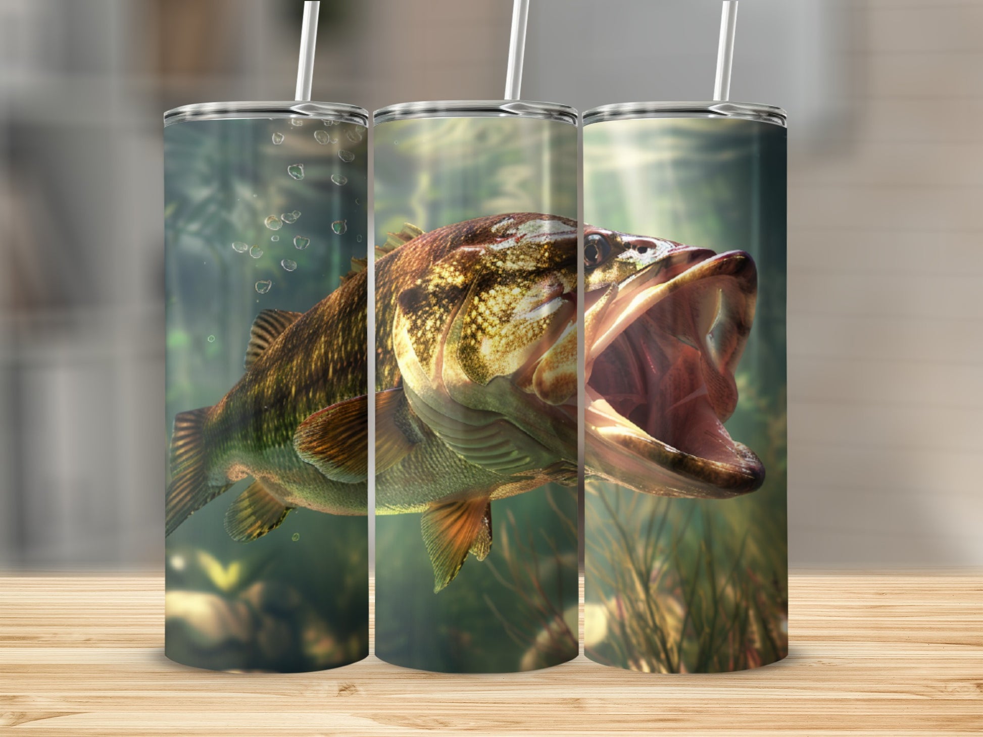 Large mouth bass with open mouth underwater, sunlight filtering through water.