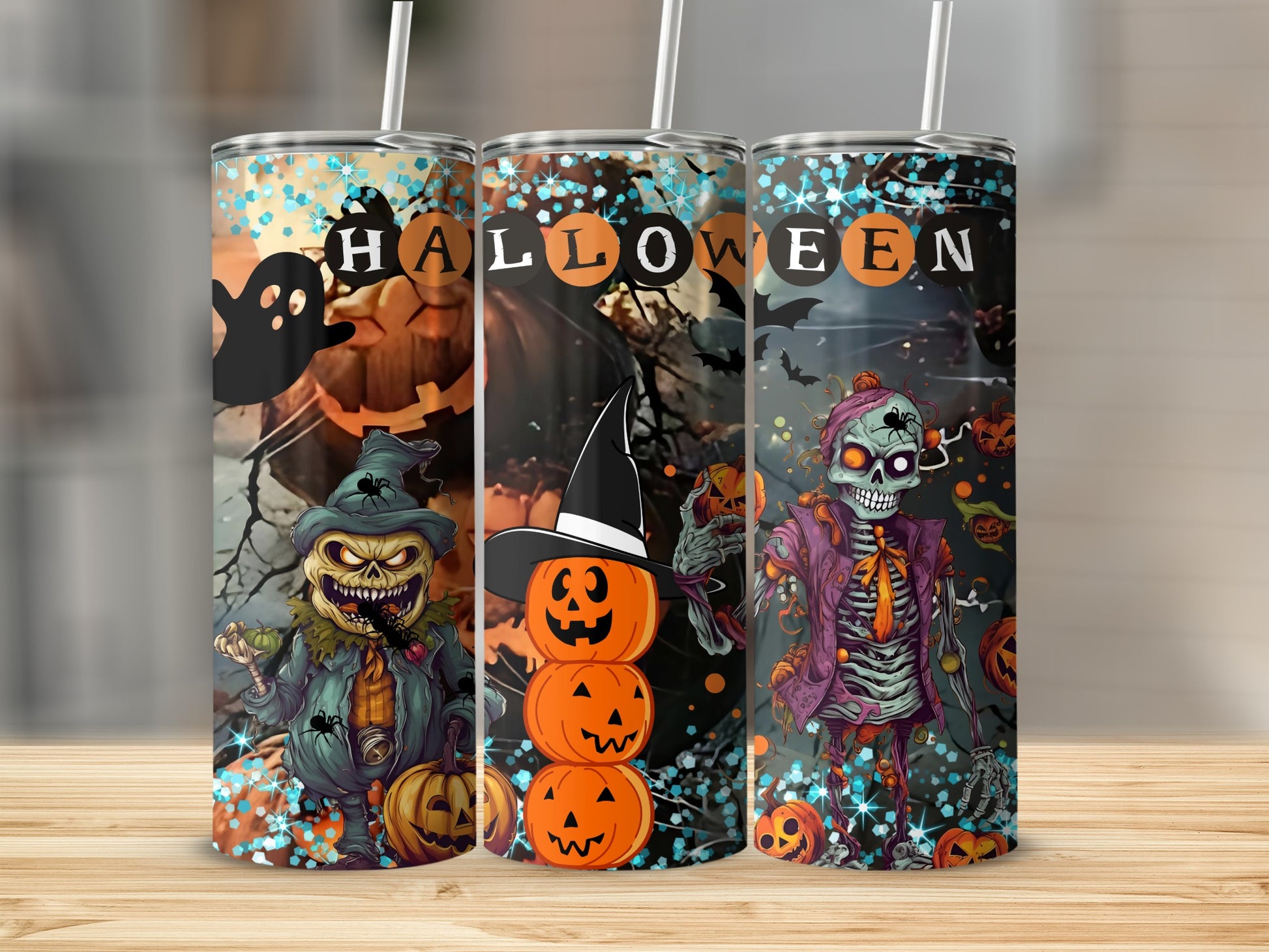 Spooky Pumpkin and Skeleton Halloween Tumbler Design