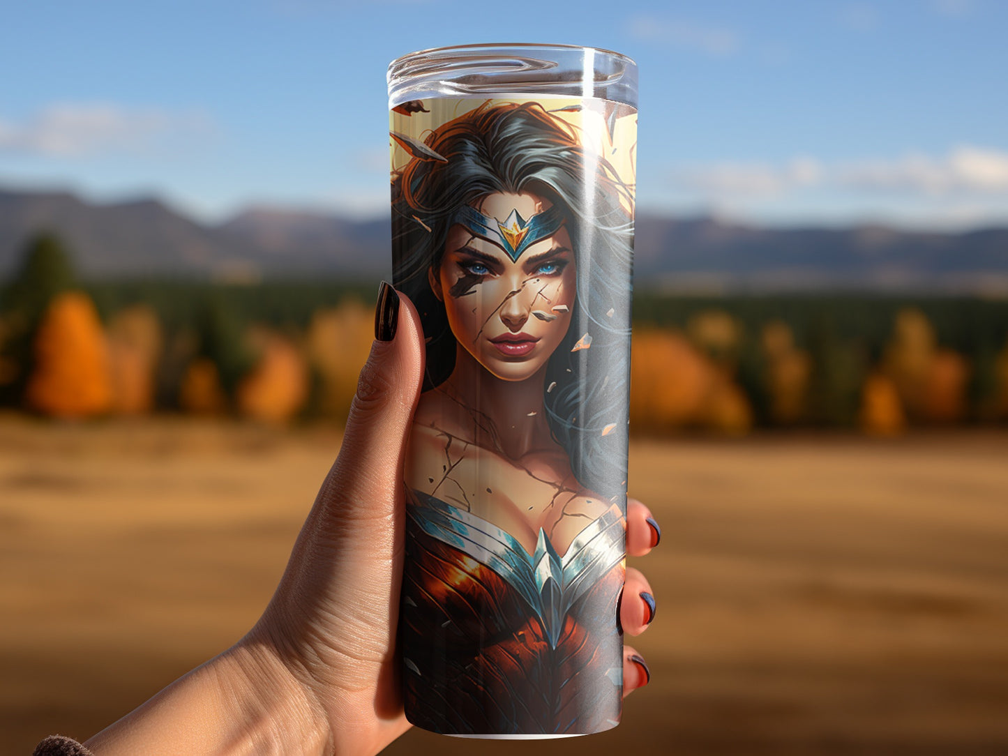 Superhero Themed Tumbler with Vibrant Autumn Background