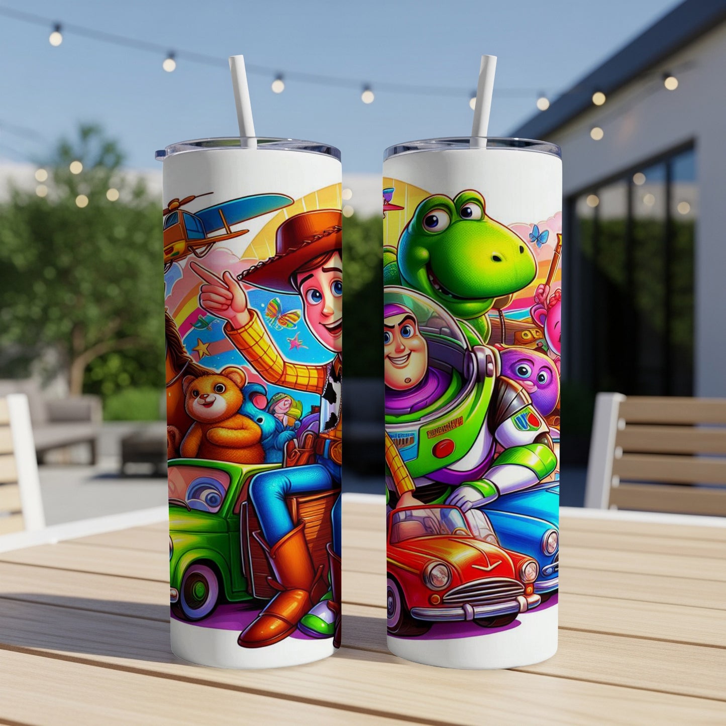 Toy Story characters Woody, Buzz Lightyear, Rex, and Mr. Potato Head on a tumbler.