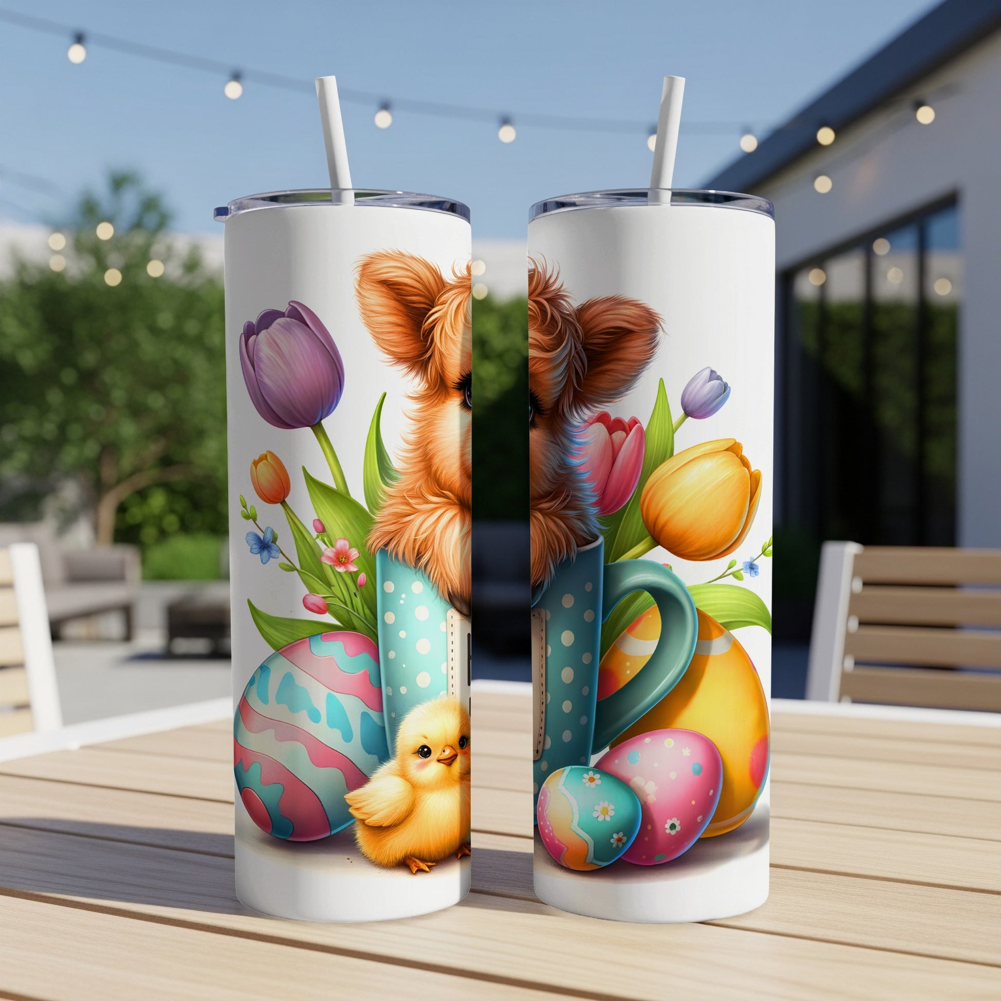 Two tumblers with Easter-themed artwork: a puppy, chick, tulips, and painted eggs.