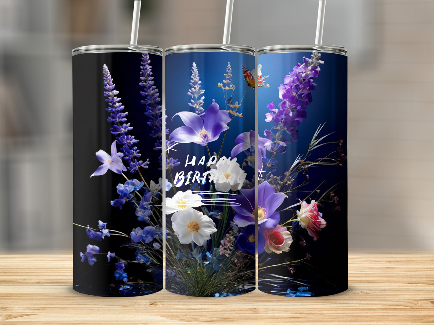 Blue tumbler with "Happy Birthday" and purple floral design.