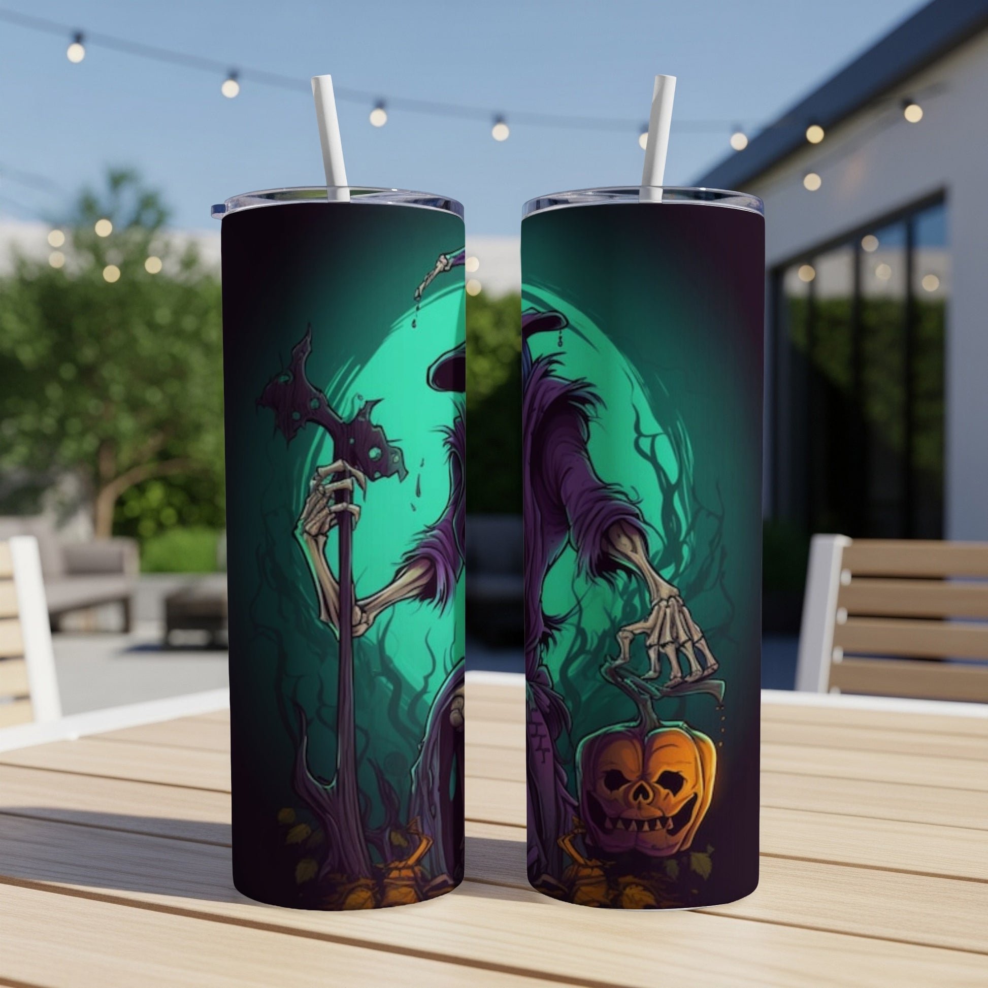 Two tumblers featuring a Halloween skeleton with a pumpkin and spooky background.