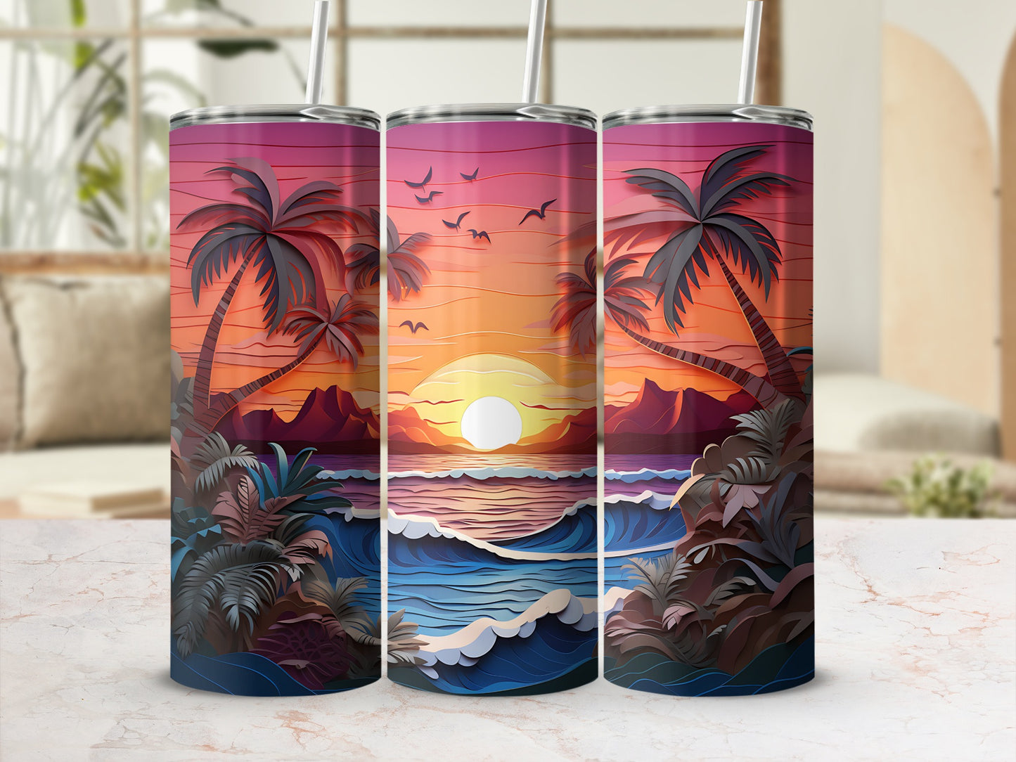 Three tumblers with a tropical sunset beach scene.