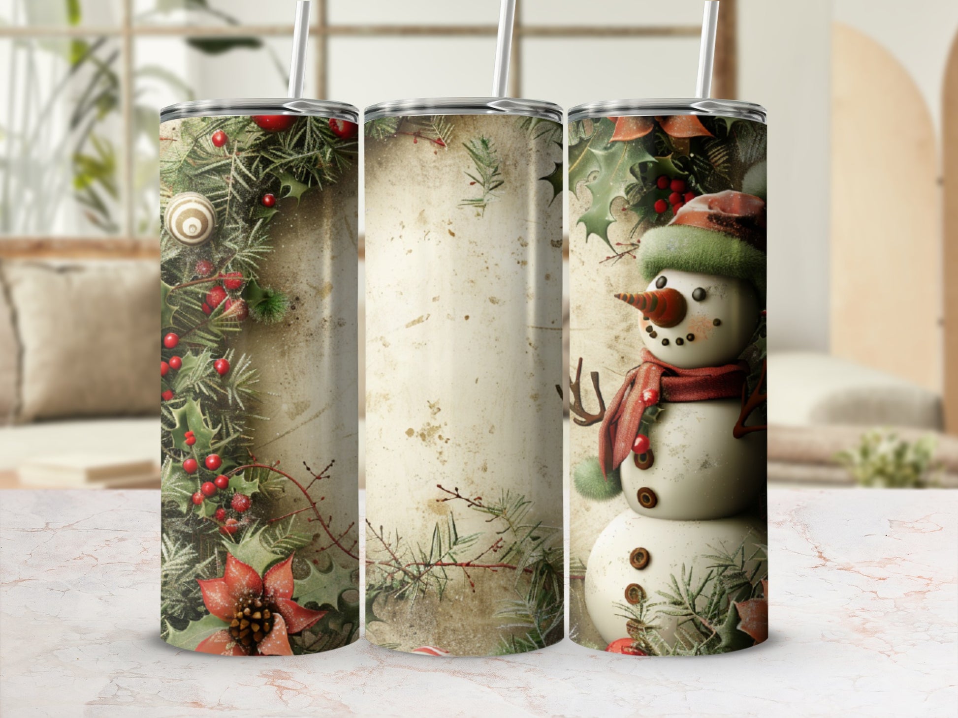 Christmas snowman with holly and poinsettias on a festive tumbler.