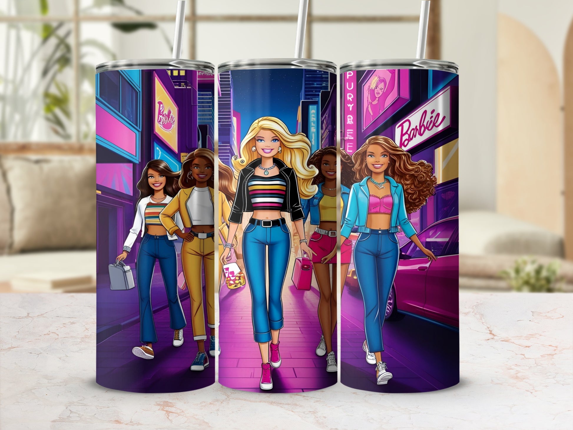 Barbie and friends walk down a vibrant, neon-lit city street at night.