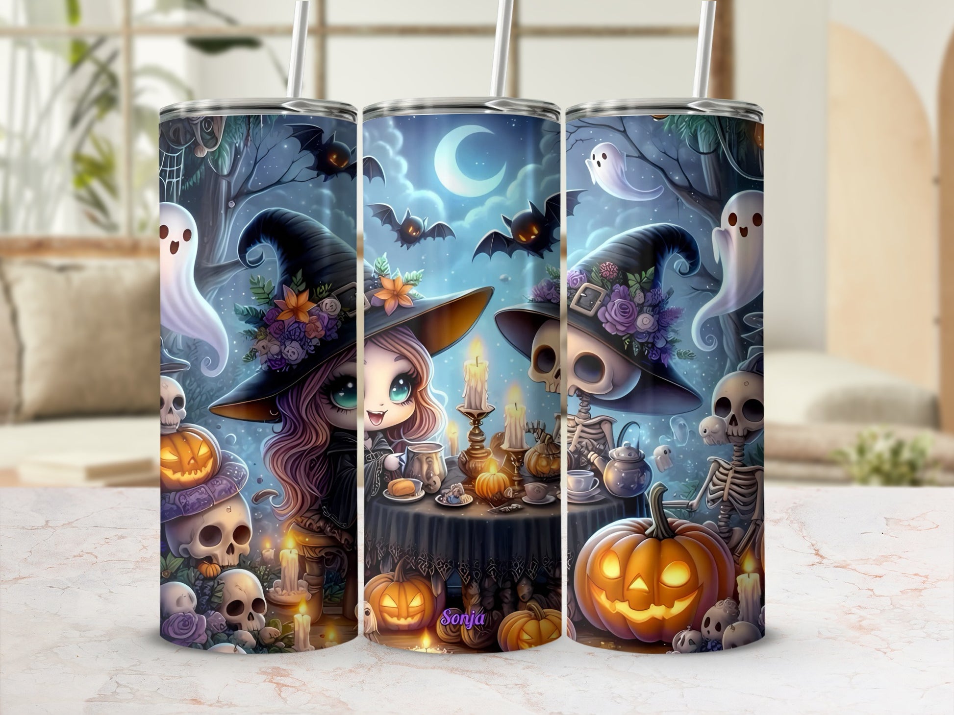 Halloween tumblers with witches, ghosts, skeletons, pumpkins, and bats on a dark background.