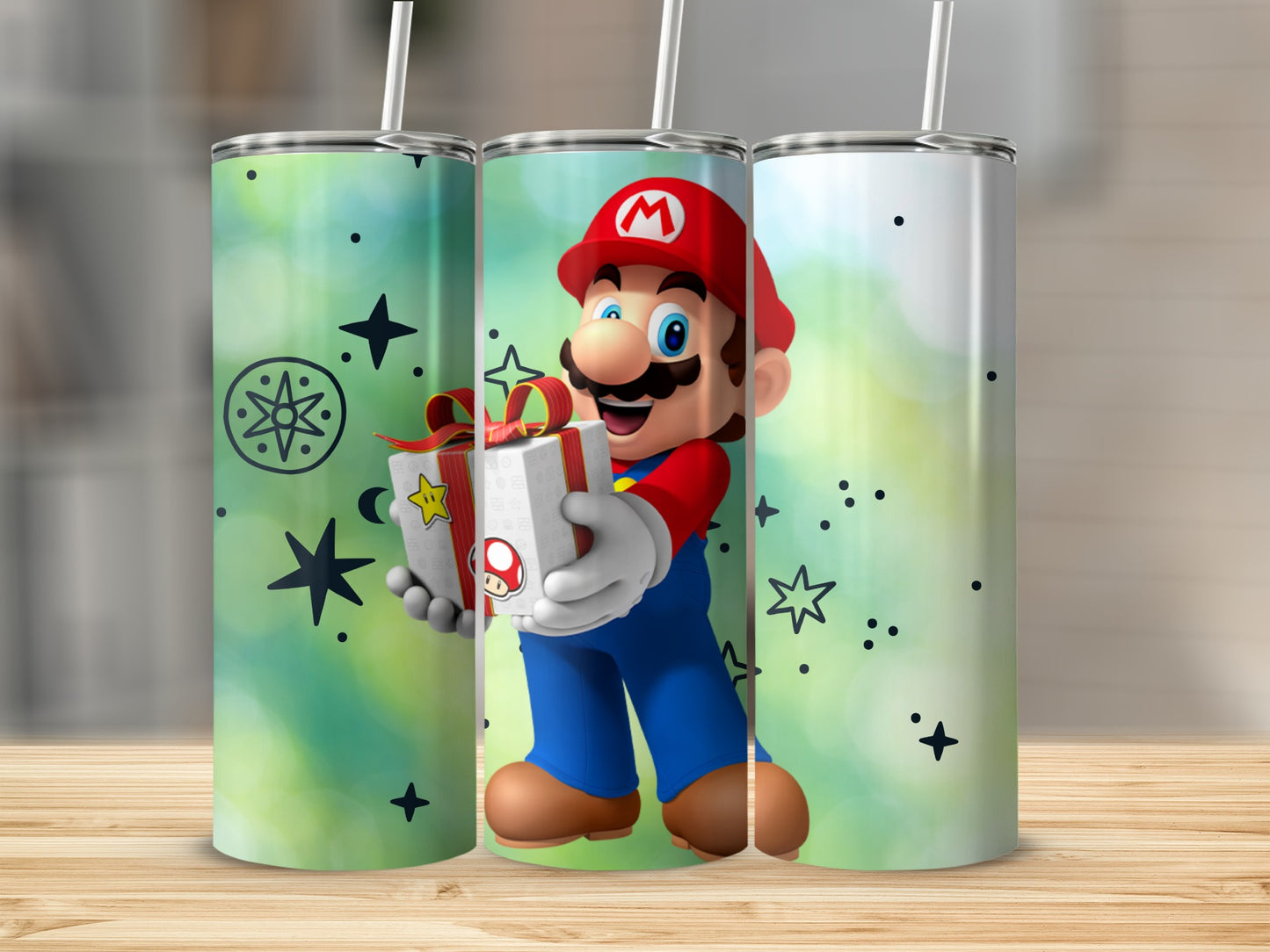 Cartoon Character with Gift and Stars Tumbler Set