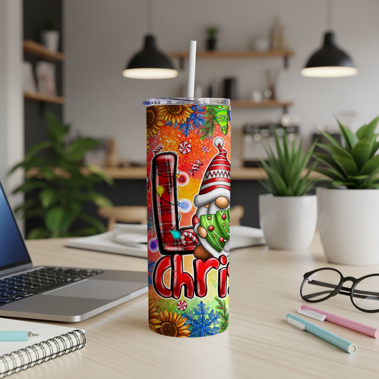 Christmas gnome and "Let's Get Lit" text on a colorful tumbler cup.