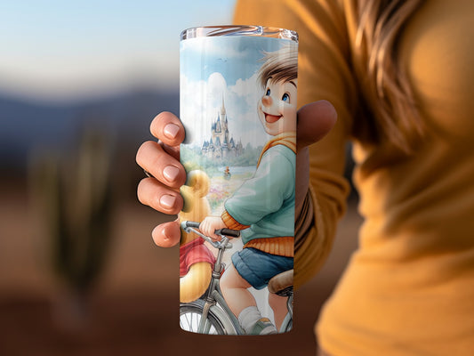 Boy with Pooh Riding Bike near Castle Watercolor Style Tumblers