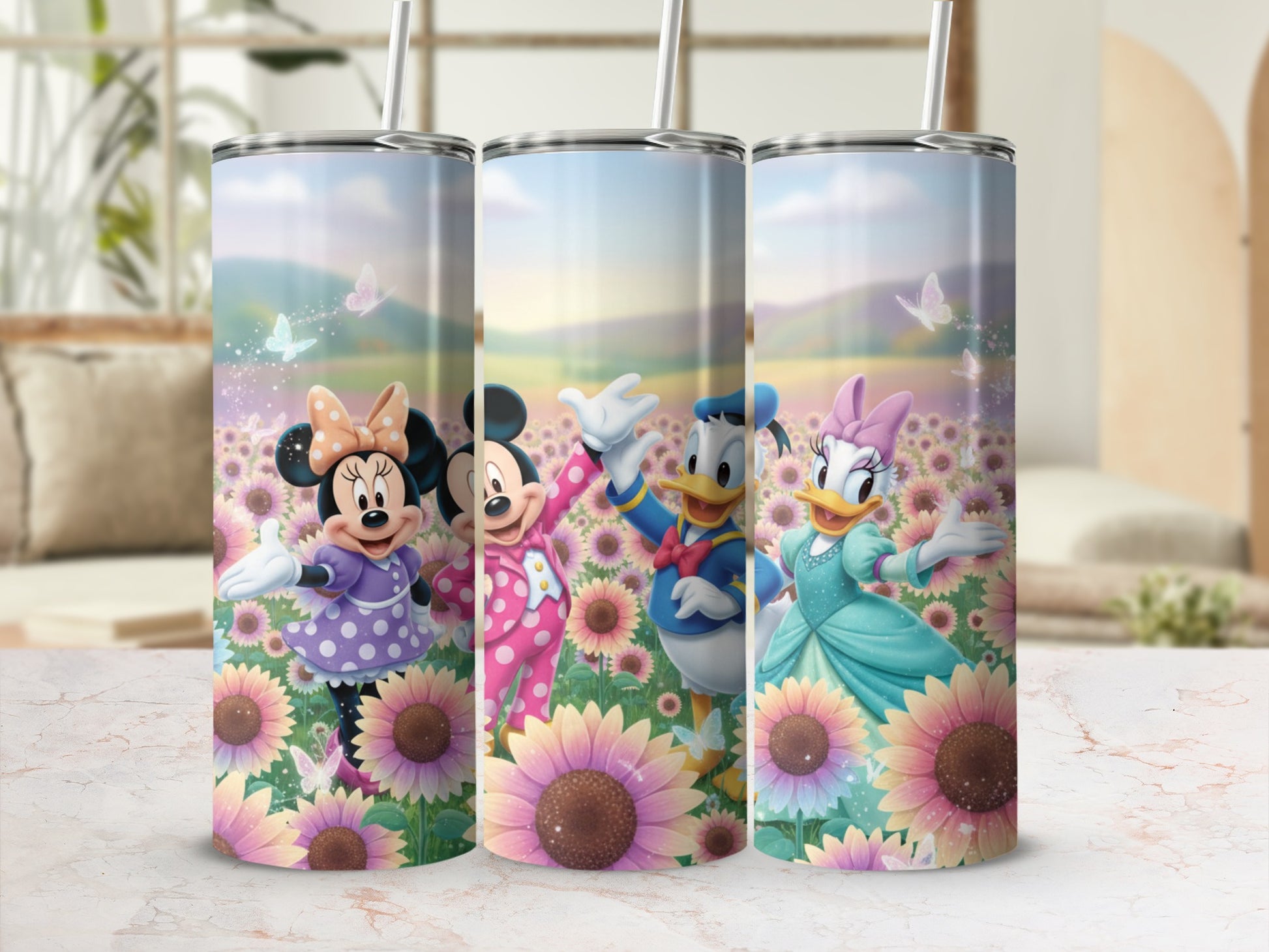 Cartoon Characters in Sunflower Field Travel Tumbler