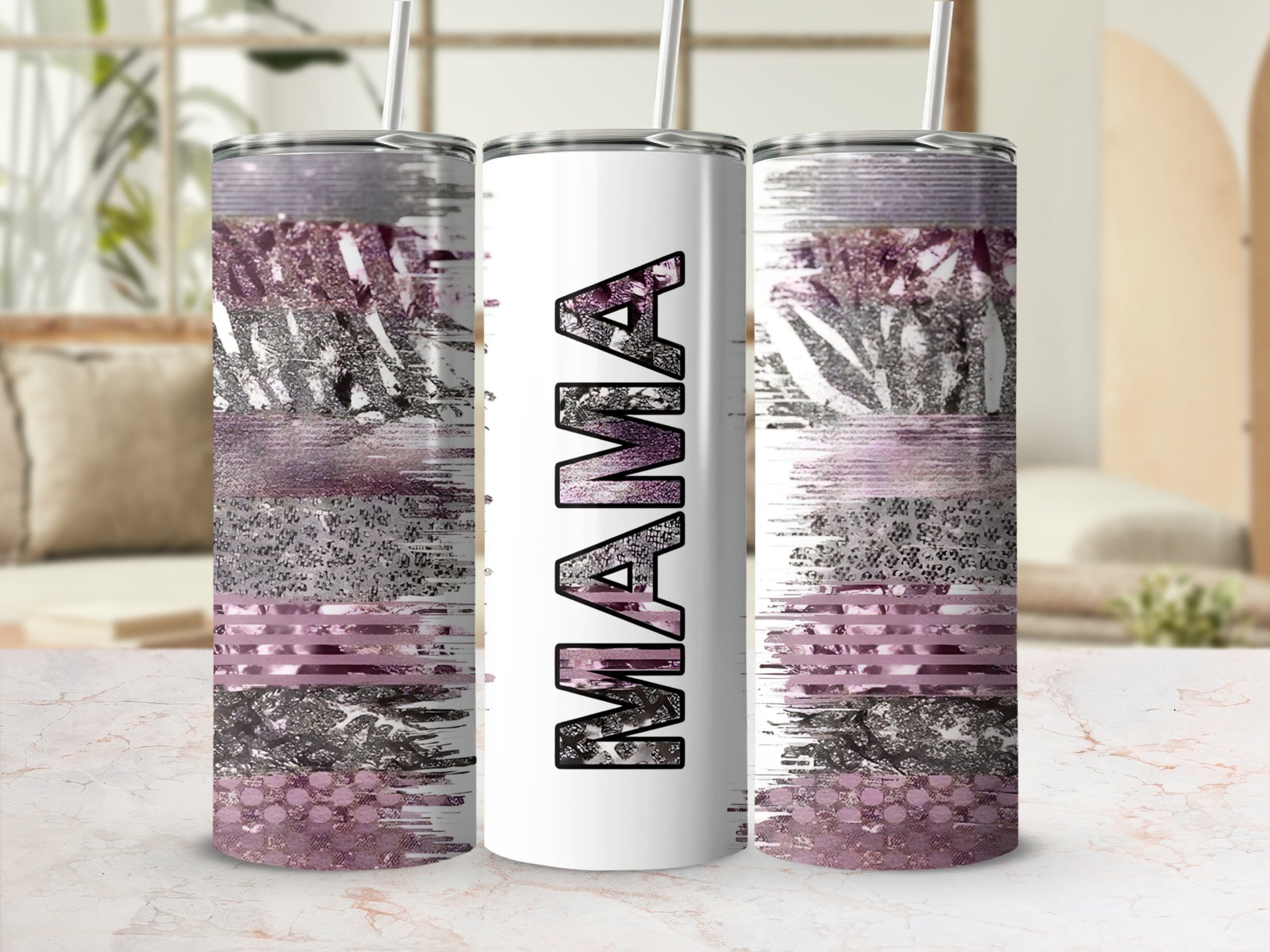 White tumbler with "MAMA" in bold black letters and a distressed purple and silver design.