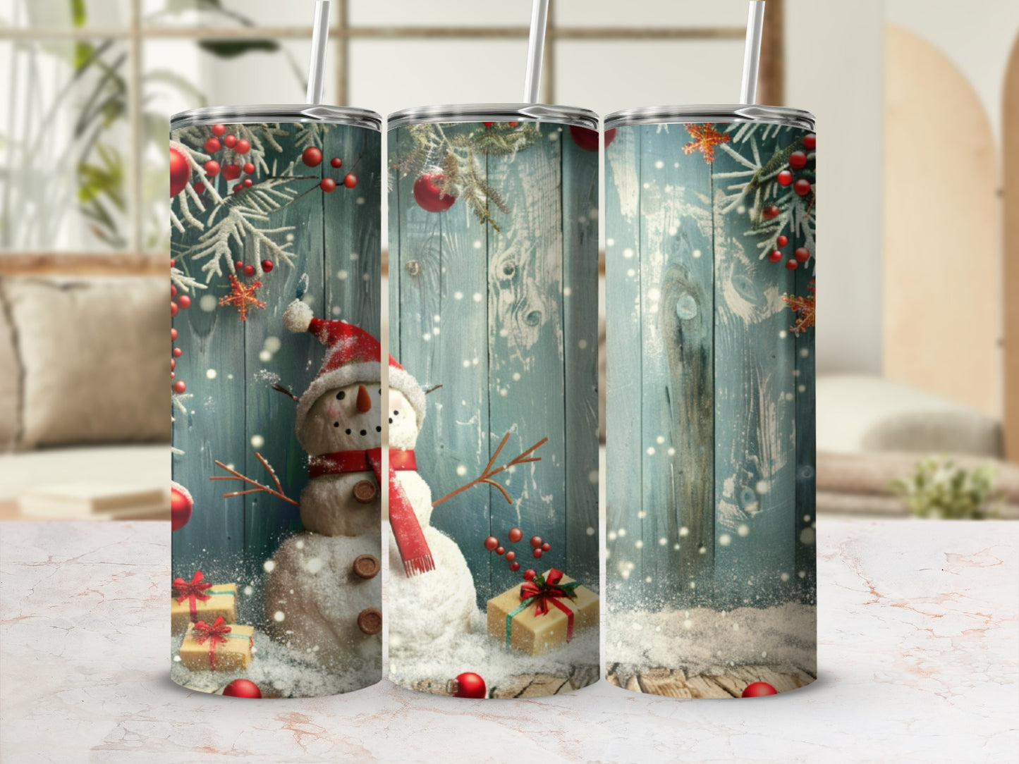 Snowman in Santa hat with gifts and snow on rustic wooden background.