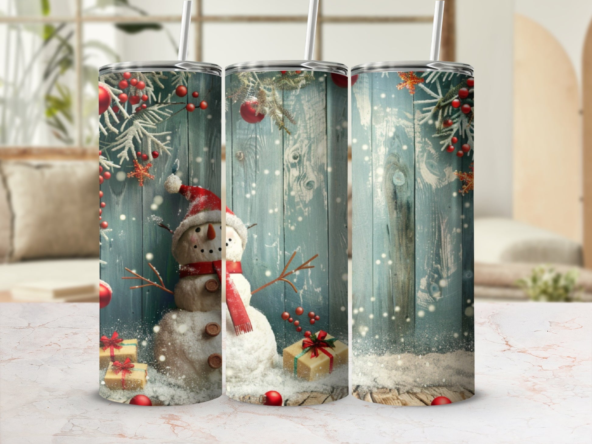 Snowman in Santa hat with gifts and snow on rustic wooden background.