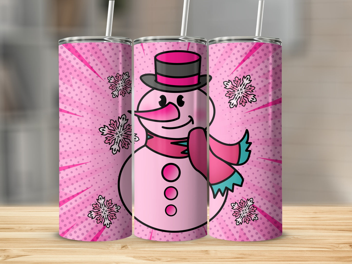 Pink Winter Snowman Tumbler with Straw 20 oz