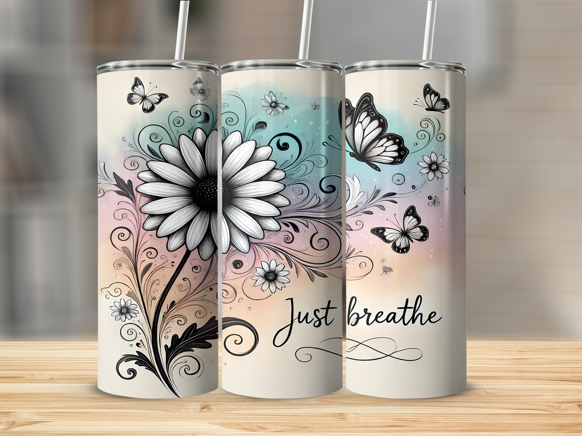Just Breathe Floral and Butterfly Design Tumbler