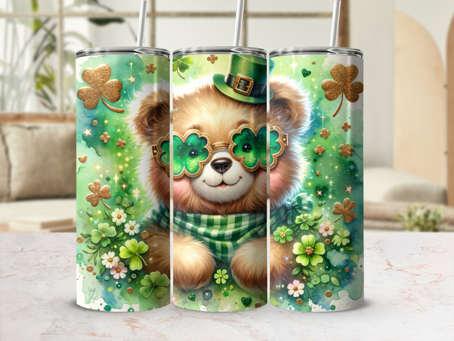 St. Patrick's Day teddy bear with shamrock glasses and green scarf.