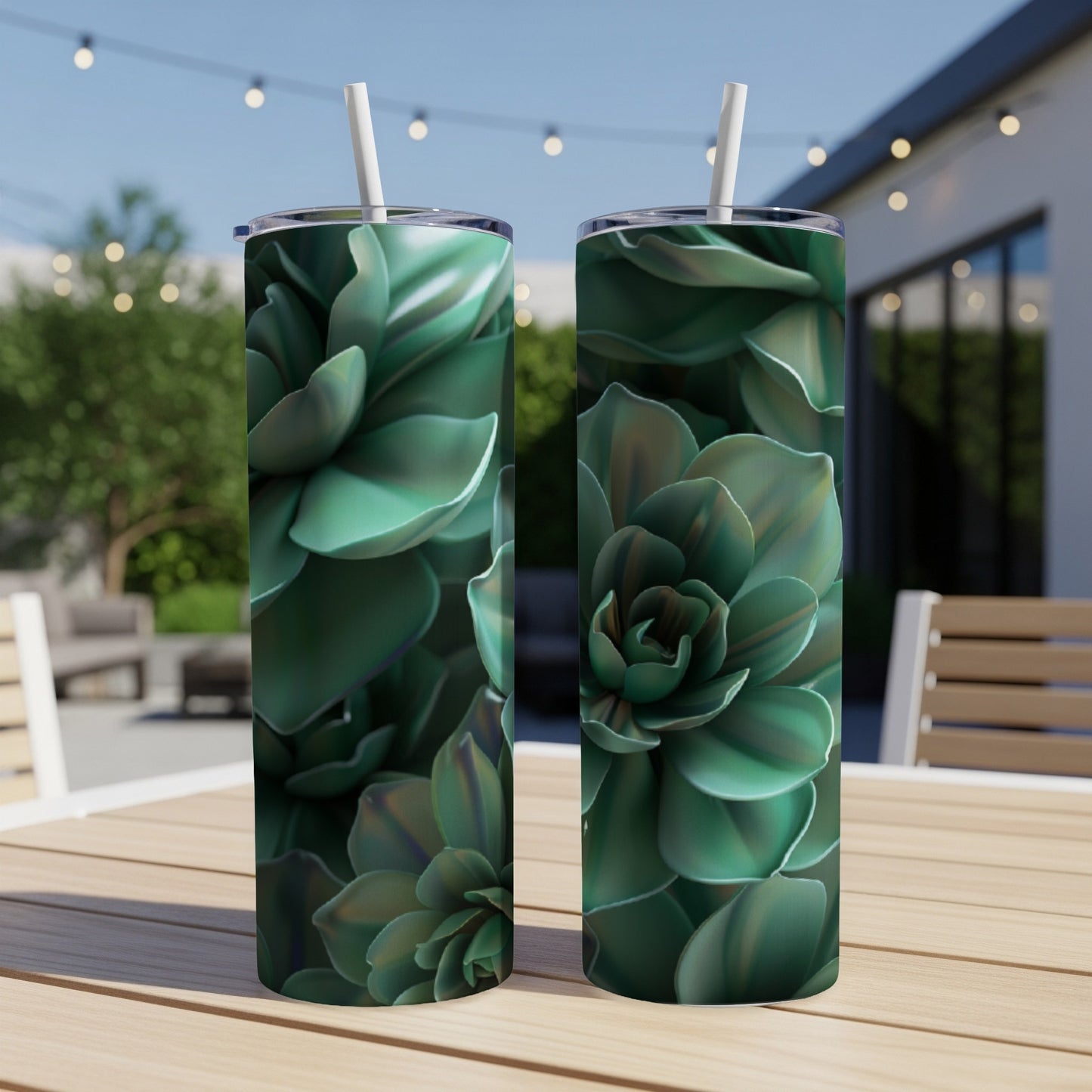 Two tall tumblers with a detailed, close-up succulent plant design.