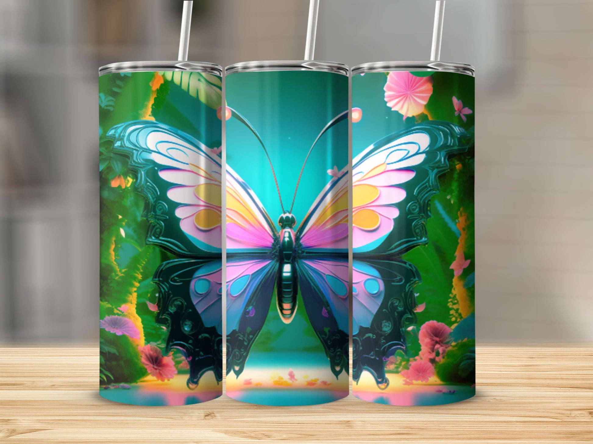 Tumbler with a vibrant butterfly design and floral background.