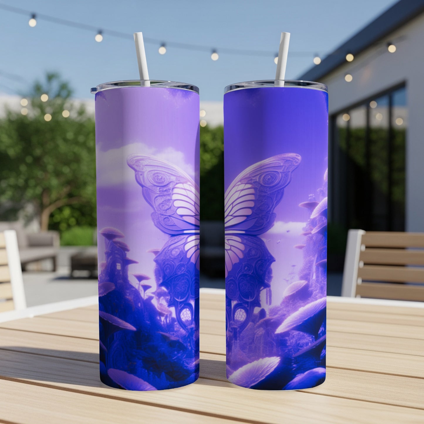 Two tall tumblers with a purple butterfly and mystical mushroom landscape design.