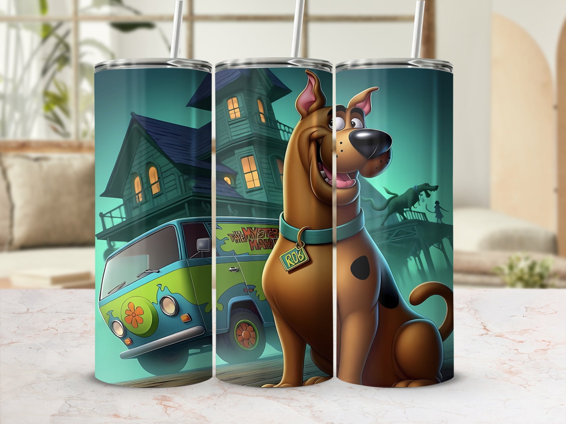 Scooby-Doo sits near the Mystery Machine in front of a spooky house.
