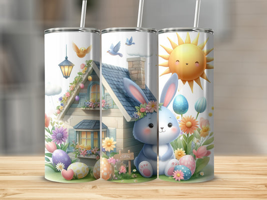 Easter bunny with sun and decorated house, surrounded by Easter eggs and flowers.