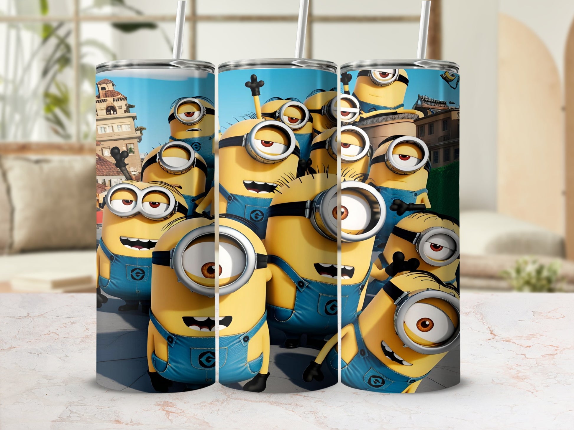Minions in blue overalls with cartoonish expressions on a patterned tumbler.