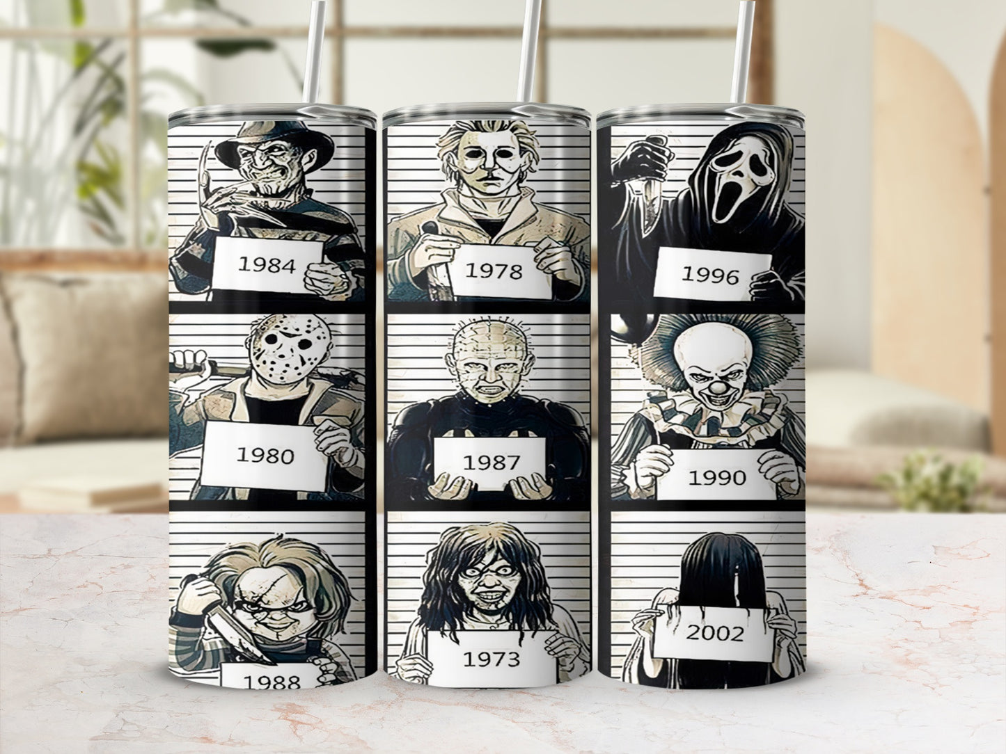 Horror movie villains mugshots: Freddy Krueger, Jason Voorhees, Ghostface, Chucky, Pennywise, Michael Myers.