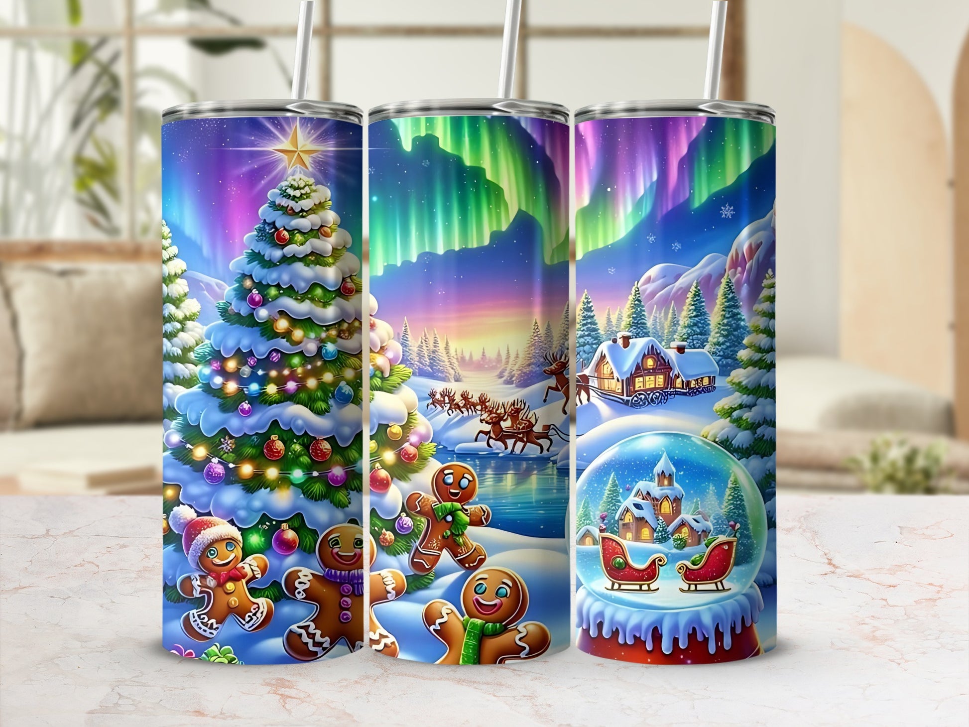 Festive Holiday Scene Themed Tumblers With Gingerbread