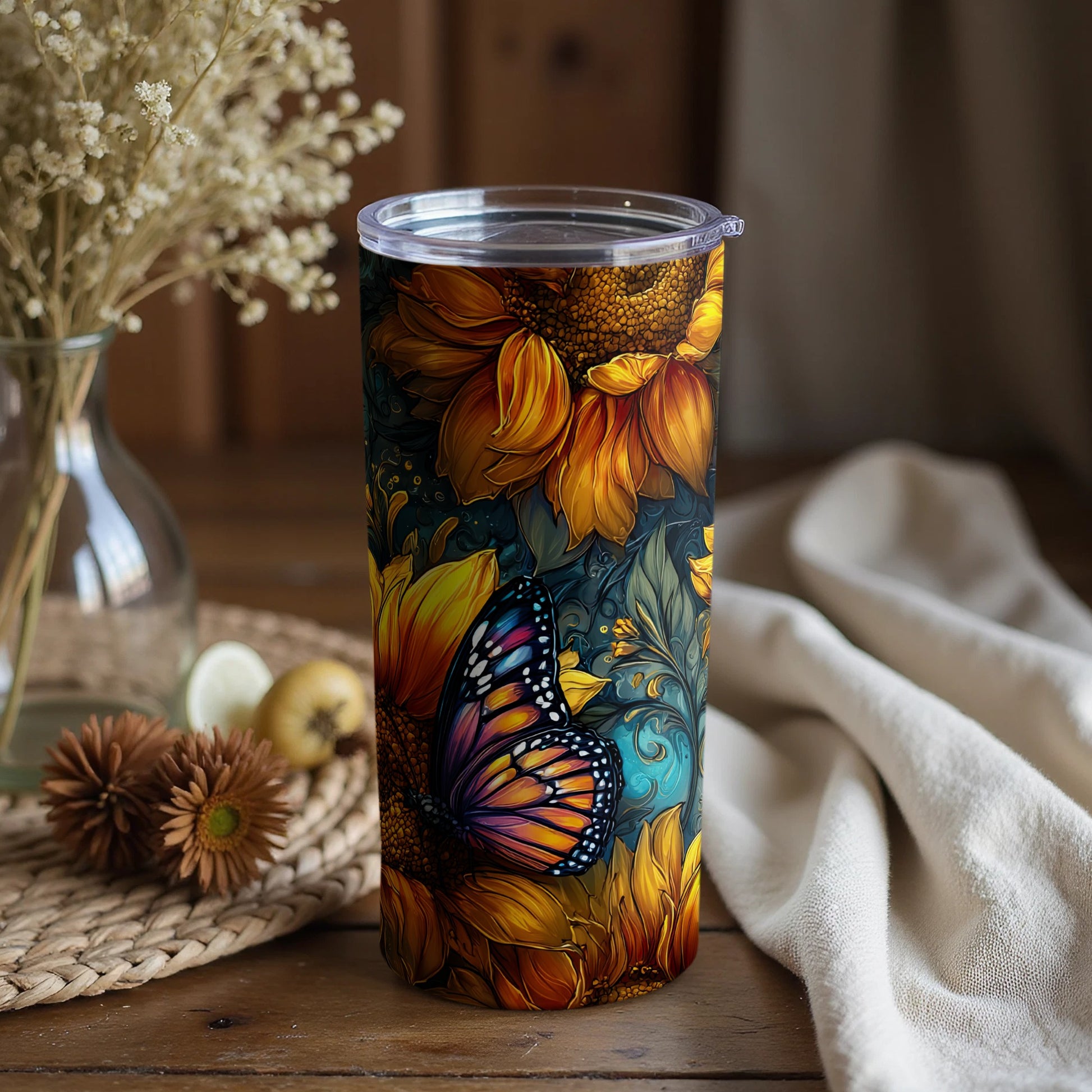 Vibrant Butterfly and Sunflower Design Tumbler