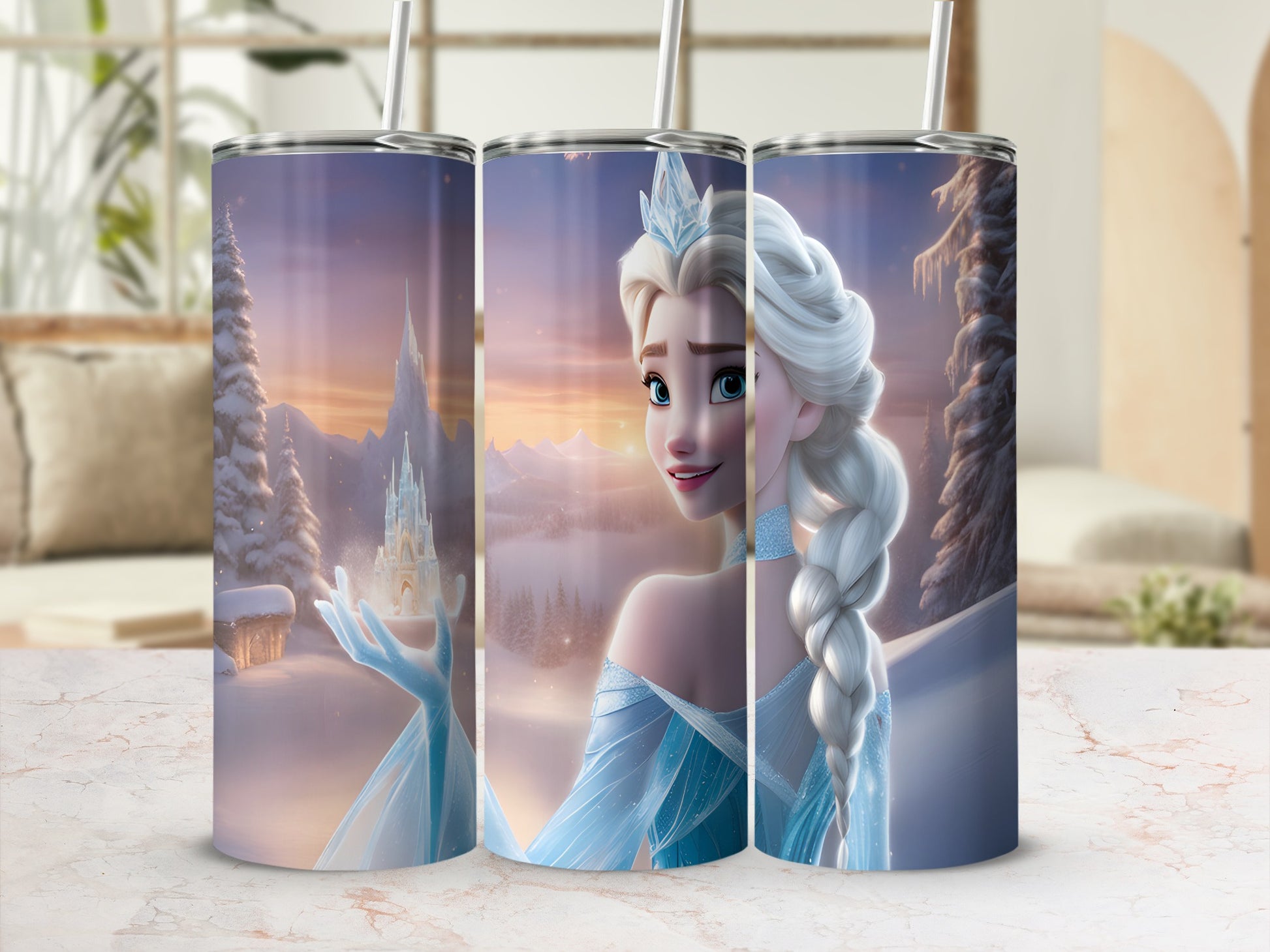 Elsa from Frozen holding an ice castle on a snowy landscape.