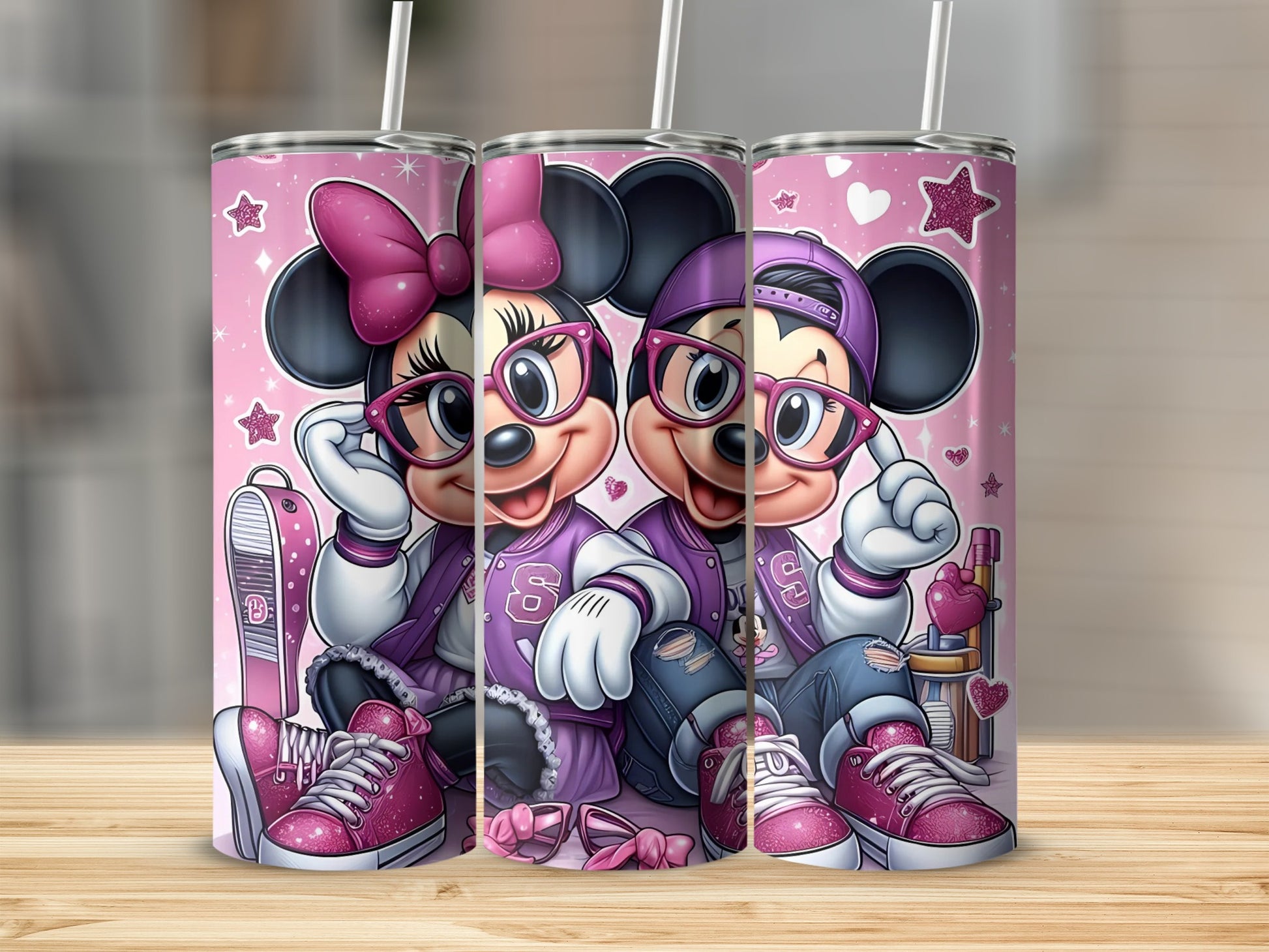 Cute Disney Couple Tumbler with Pink Stars Pattern
