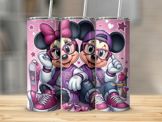 Cute Disney Couple Tumbler with Pink Stars Pattern