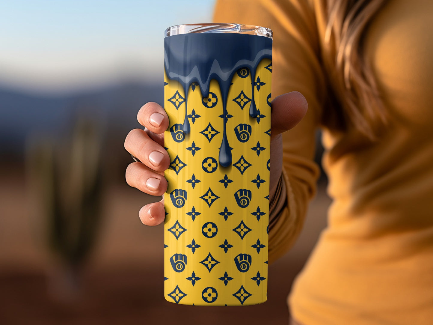 Baseball Glove Pattern With Dark Blue Drip Art Tumblers