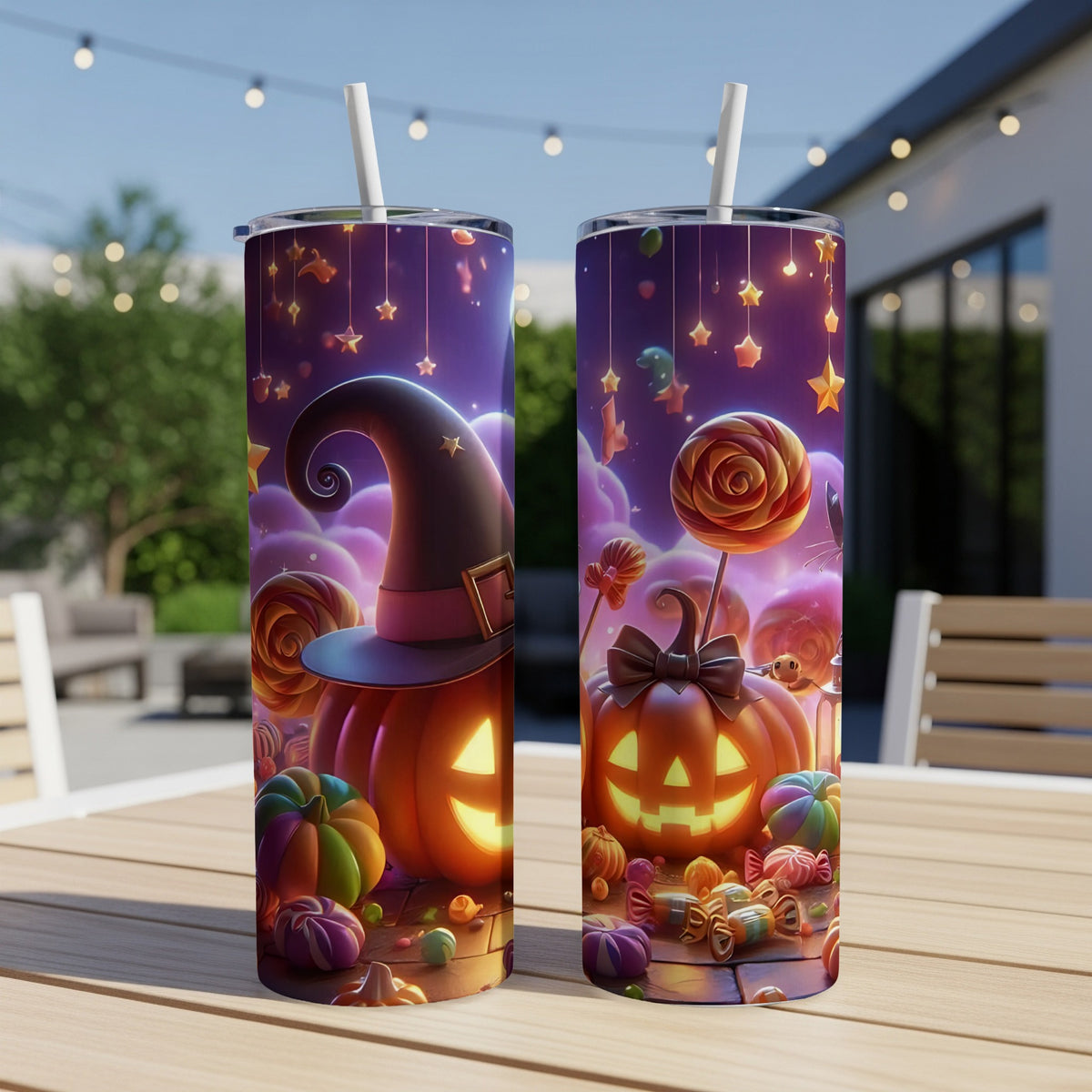 Two tumblers with Halloween pumpkins, candy, and stars on a purple background.