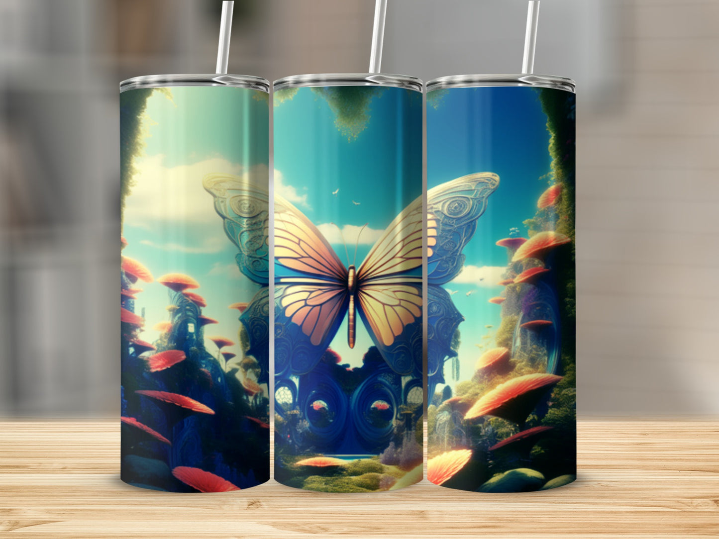 Three tumblers display a magical forest scene with a large butterfly.