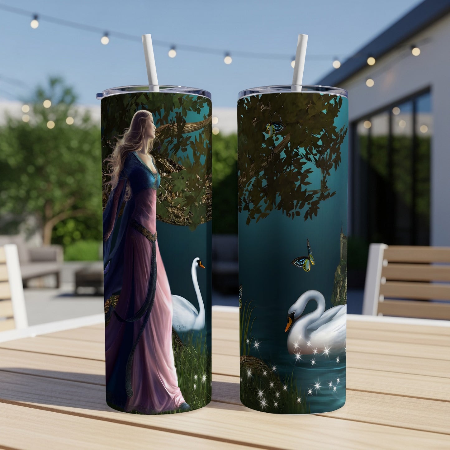 Fantasy art with a woman and swans on a tumbler design.