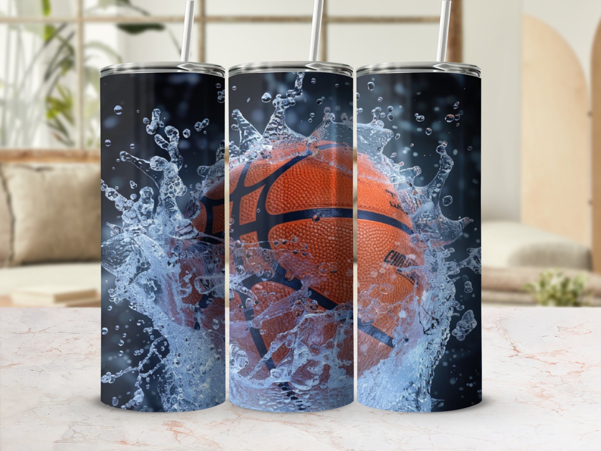 Basketball splashing water, three tumblers with basketball and water design.
