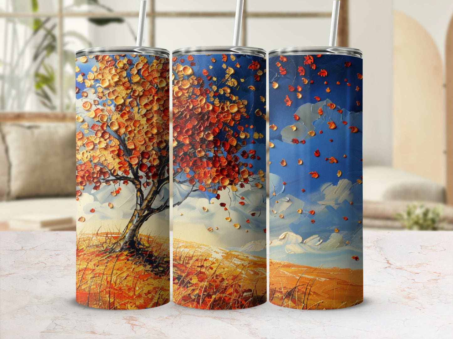 Tumbler with impressionistic autumn tree and falling leaves design.